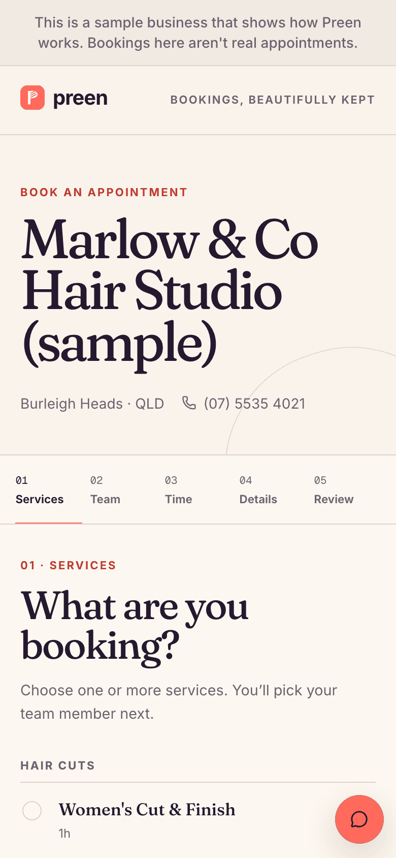 Preen's client booking page on a phone, showing the sample business Marlow & Co Hair Studio and the first step, choosing a service.